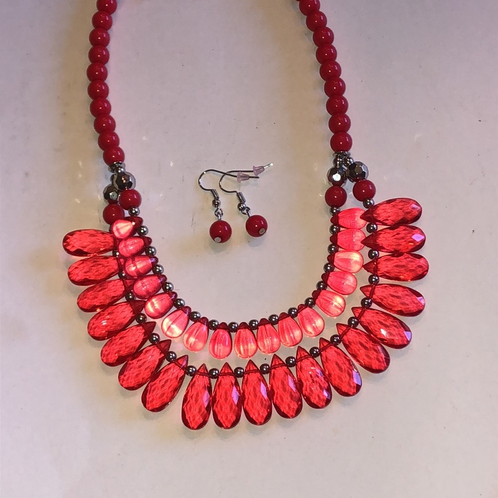 Silver Tone and Red Beaded Boho Statement Necklace with Matching Earrings